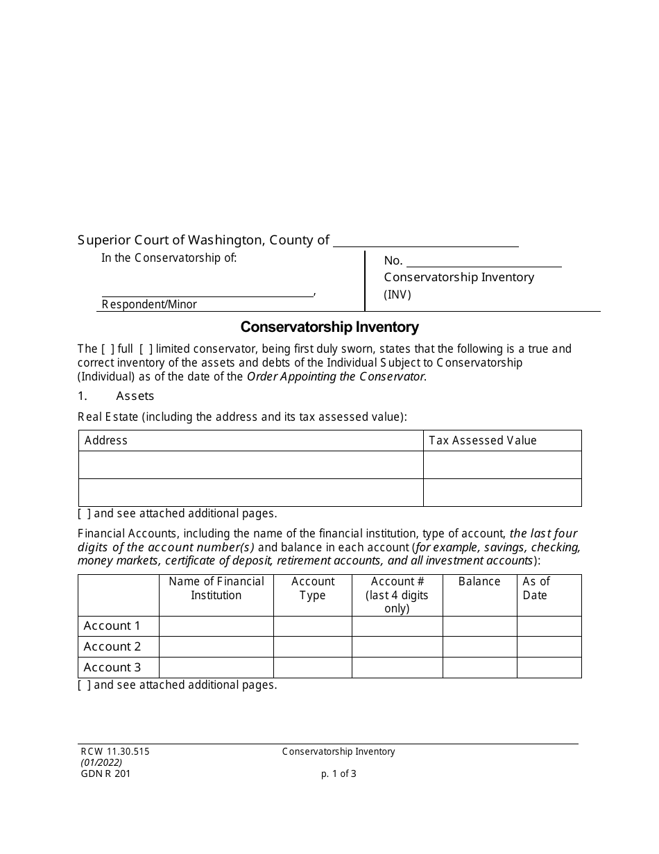 Form GDN R201 Conservatorship Inventory - Washington, Page 1