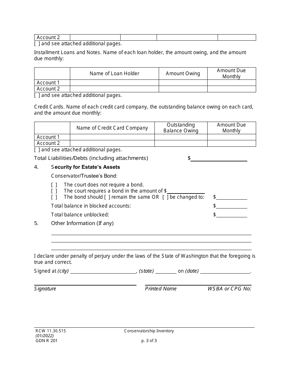 Form GDN R201 Conservatorship Inventory - Washington, Page 3