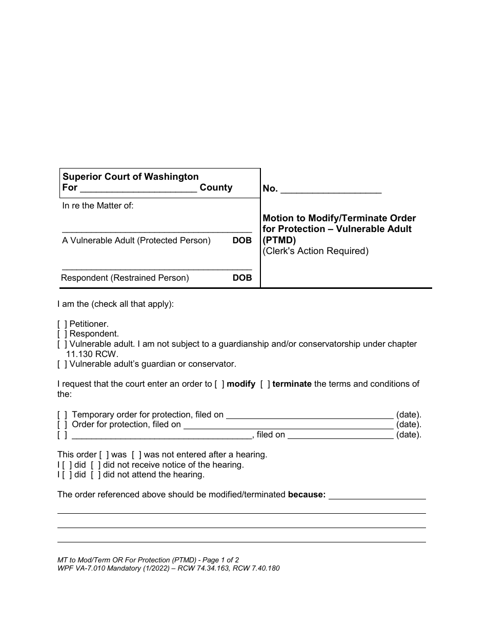 Form WPF VA-7.010 Motion to Modify / Terminate Order for Protection - Vulnerable Adult - Washington, Page 1