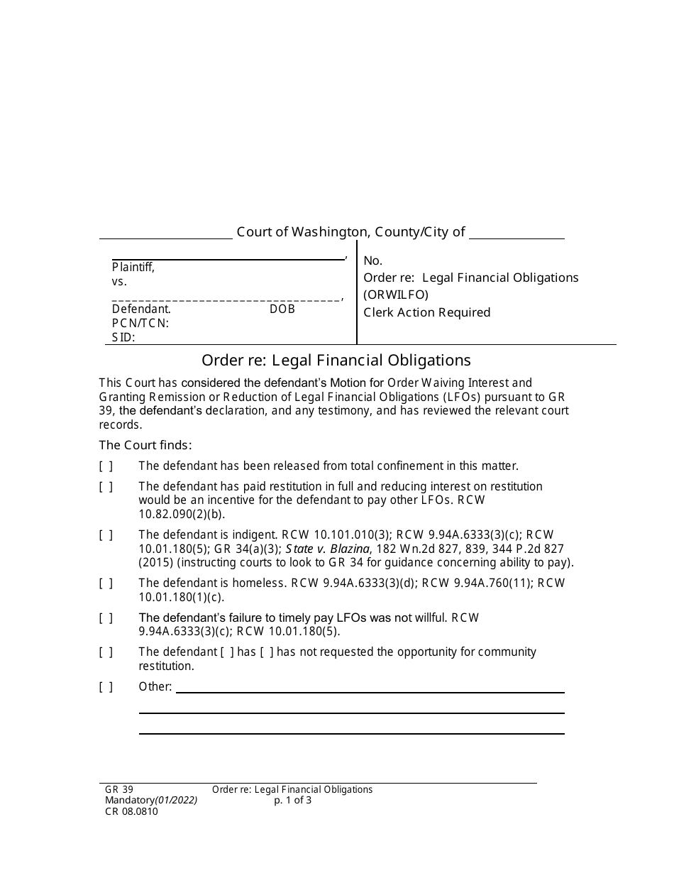 Form CR08.0810 Order Re: Legal Financial Obligations - Washington, Page 1