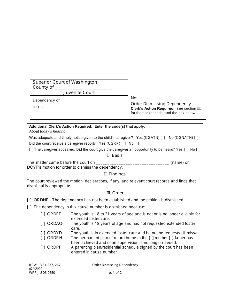 Form WPF JU03.0650 Order Dismissing Dependency - Washington, Page 1