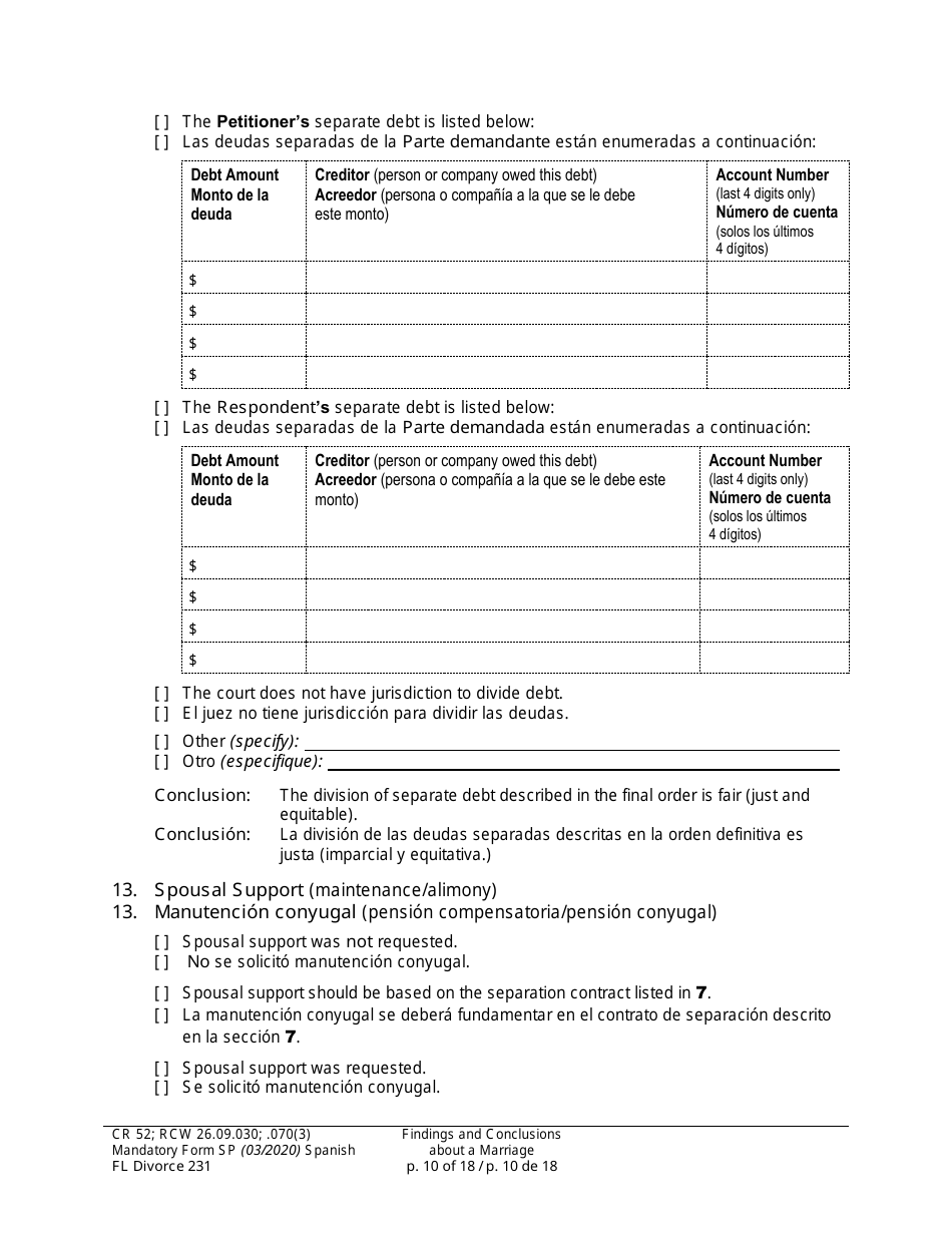 Form FL Divorce231 Findings and Conclusions About a Marriage - Washington (English / Spanish), Page 10