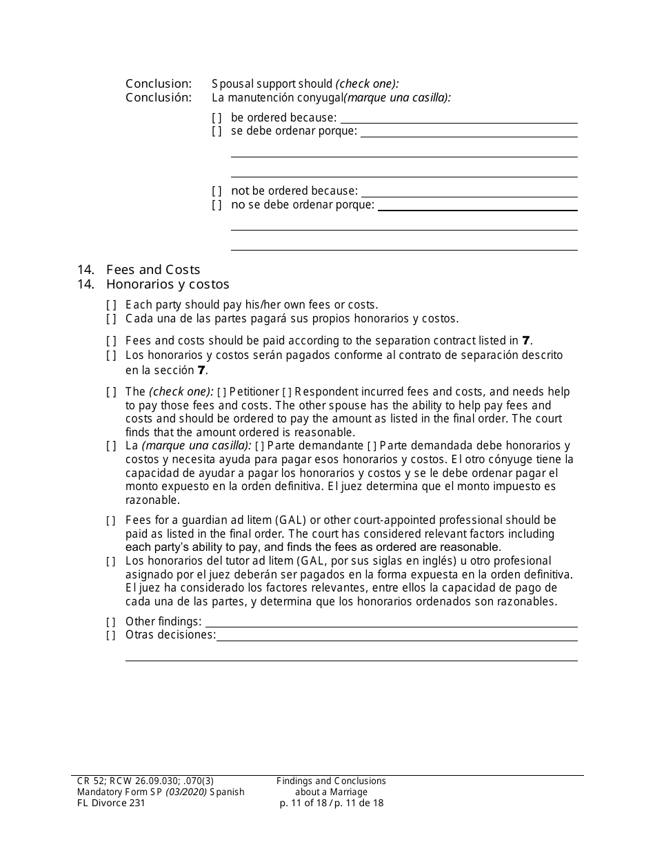 Form FL Divorce231 Findings and Conclusions About a Marriage - Washington (English / Spanish), Page 11
