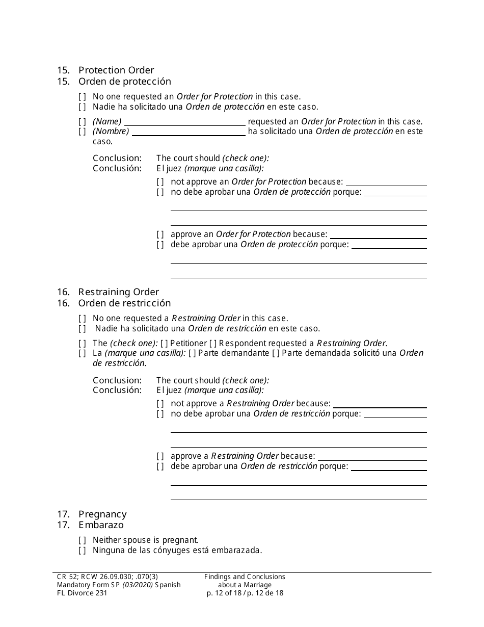 Form FL Divorce231 Findings and Conclusions About a Marriage - Washington (English / Spanish), Page 12