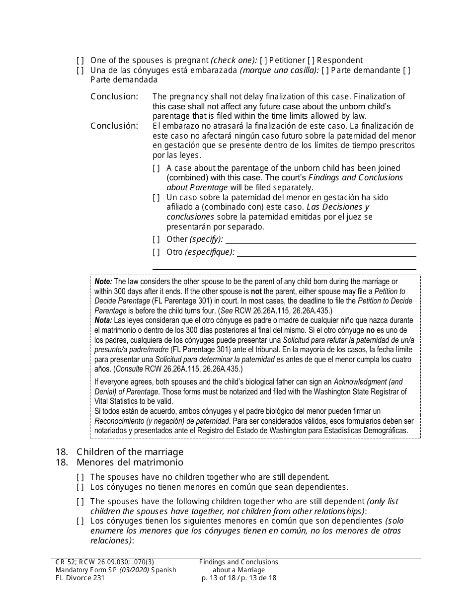 Form FL Divorce231 Findings and Conclusions About a Marriage - Washington (English / Spanish), Page 13