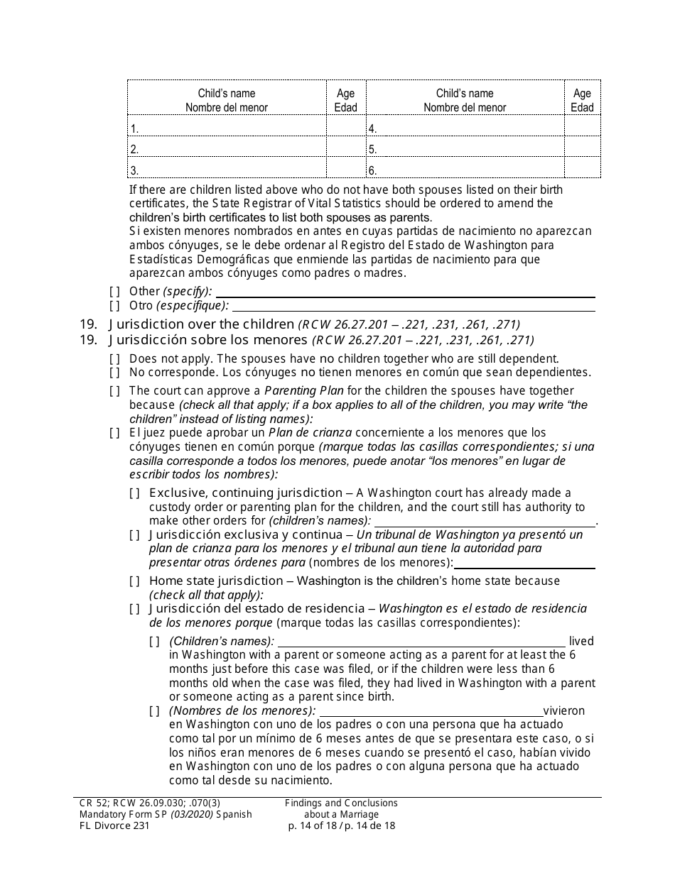 Form FL Divorce231 Findings and Conclusions About a Marriage - Washington (English / Spanish), Page 14