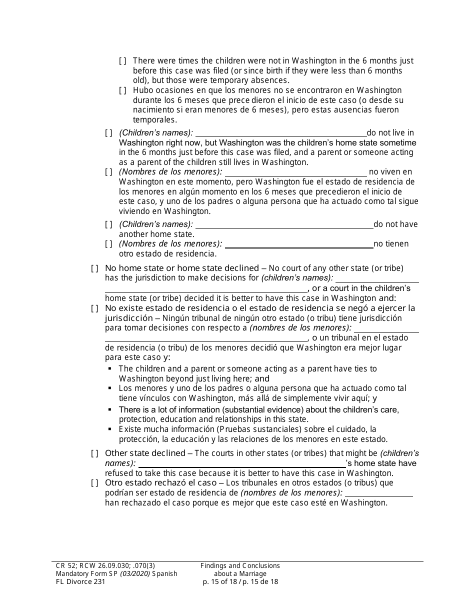 Form FL Divorce231 Findings and Conclusions About a Marriage - Washington (English / Spanish), Page 15