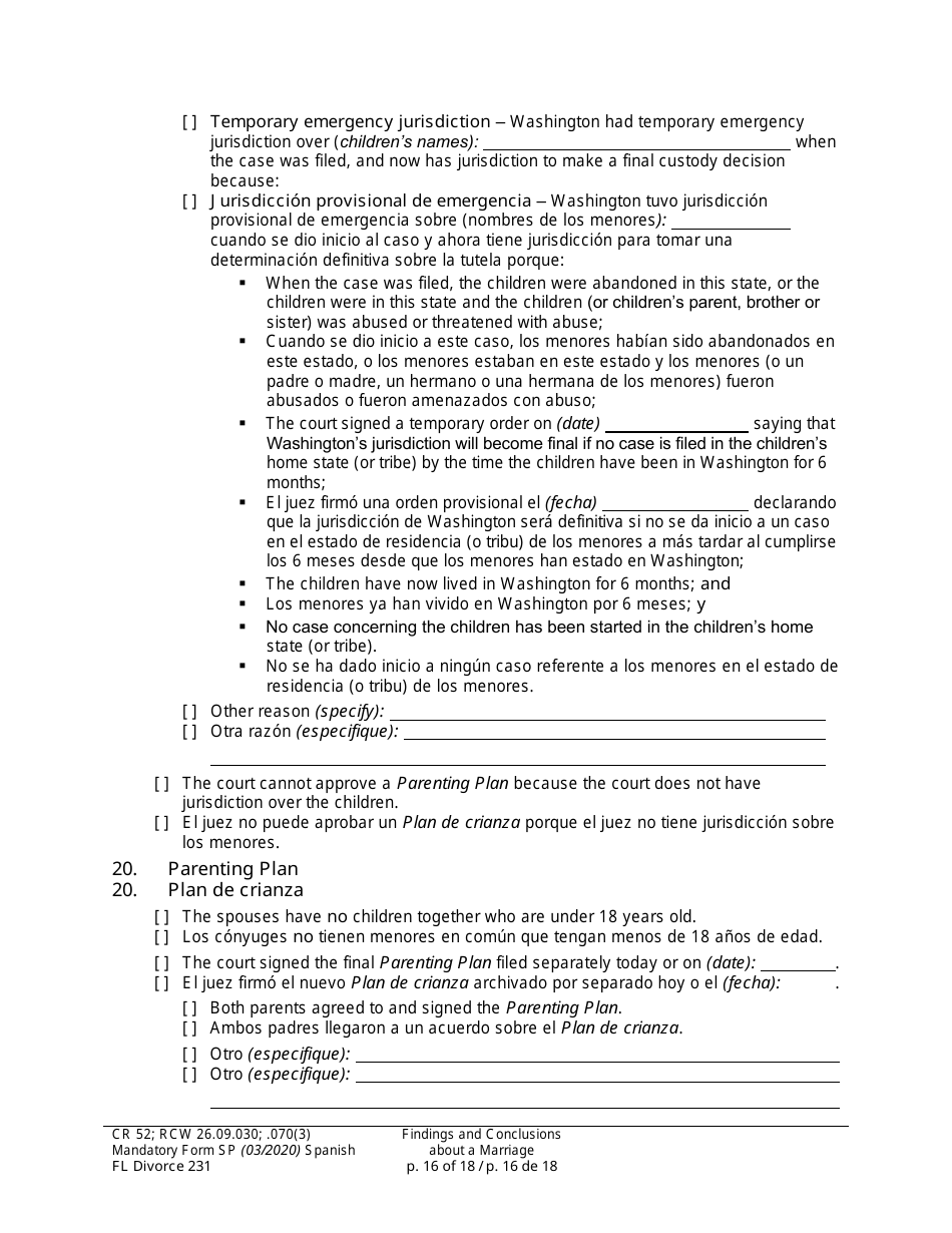 Form FL Divorce231 Findings and Conclusions About a Marriage - Washington (English / Spanish), Page 16