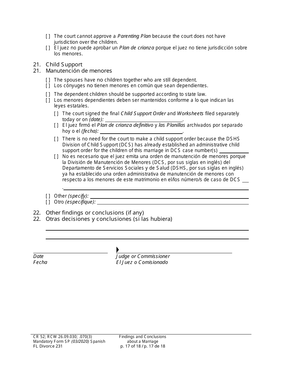 Form FL Divorce231 Findings and Conclusions About a Marriage - Washington (English / Spanish), Page 17