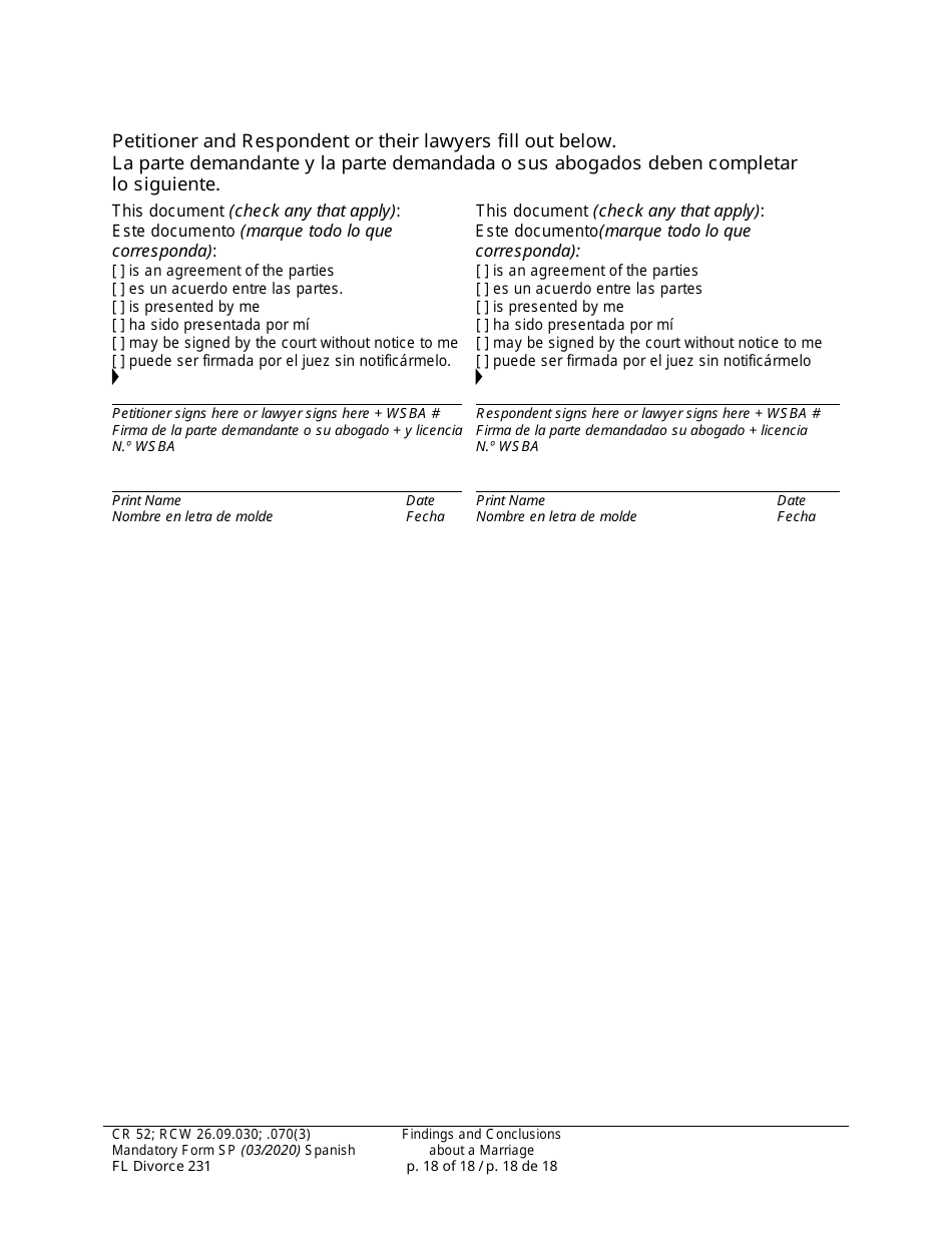 Form FL Divorce231 Findings and Conclusions About a Marriage - Washington (English / Spanish), Page 18