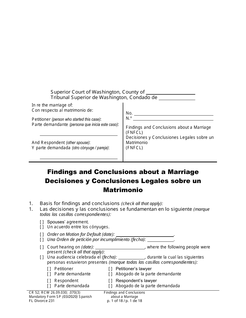 Form FL Divorce231 Findings and Conclusions About a Marriage - Washington (English / Spanish), Page 1