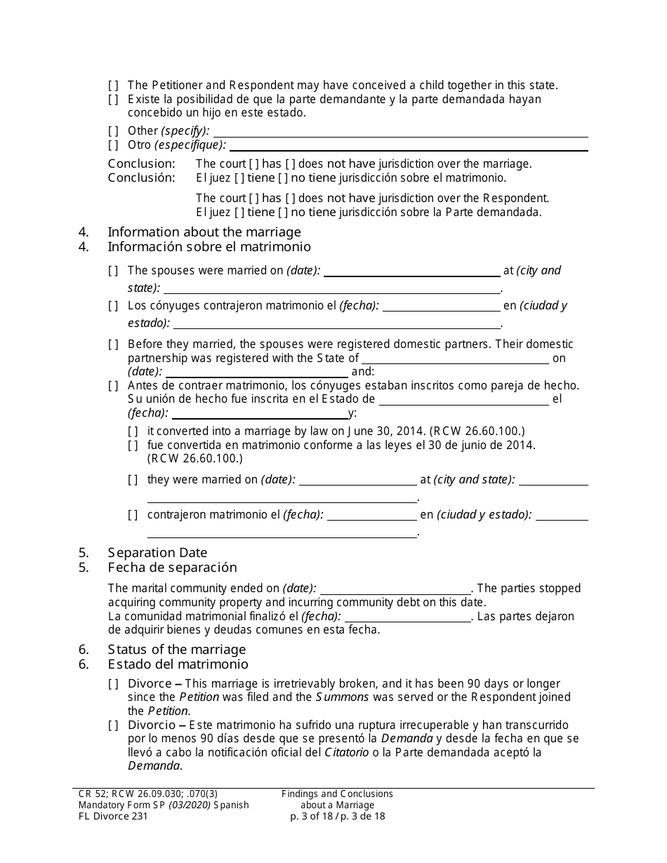 Form FL Divorce231 Findings and Conclusions About a Marriage - Washington (English / Spanish), Page 3