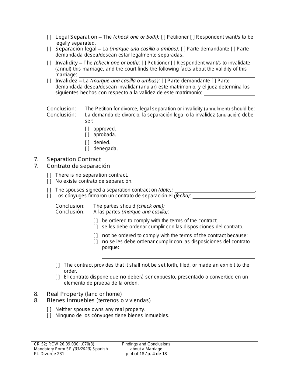 Form FL Divorce231 Findings and Conclusions About a Marriage - Washington (English / Spanish), Page 4