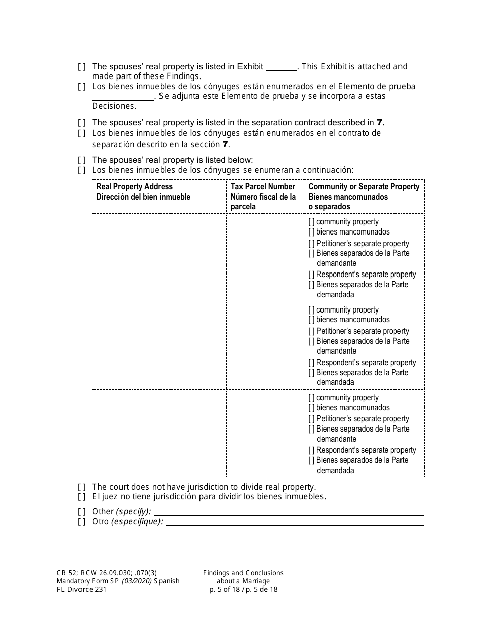Form FL Divorce231 Findings and Conclusions About a Marriage - Washington (English / Spanish), Page 5