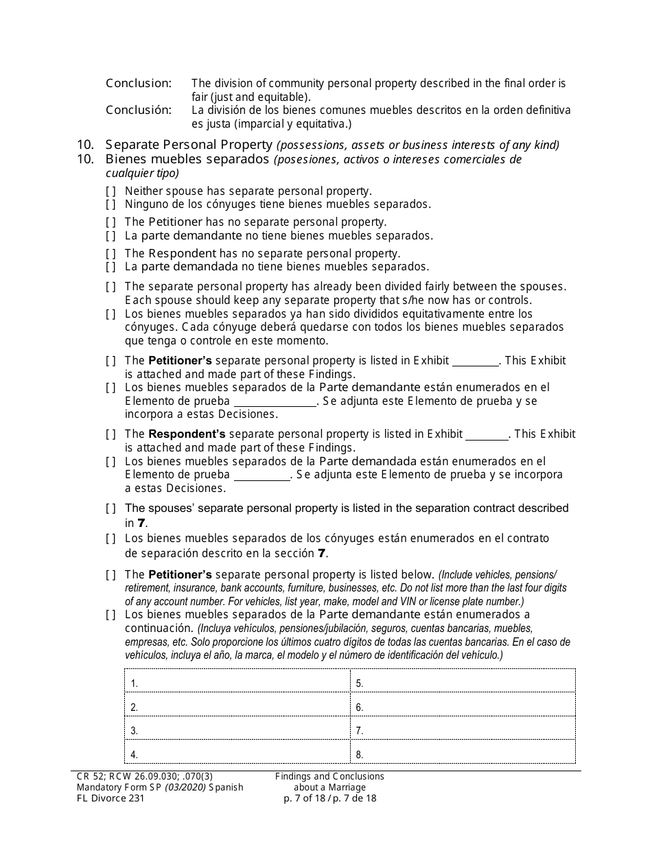 Form FL Divorce231 Findings and Conclusions About a Marriage - Washington (English / Spanish), Page 7