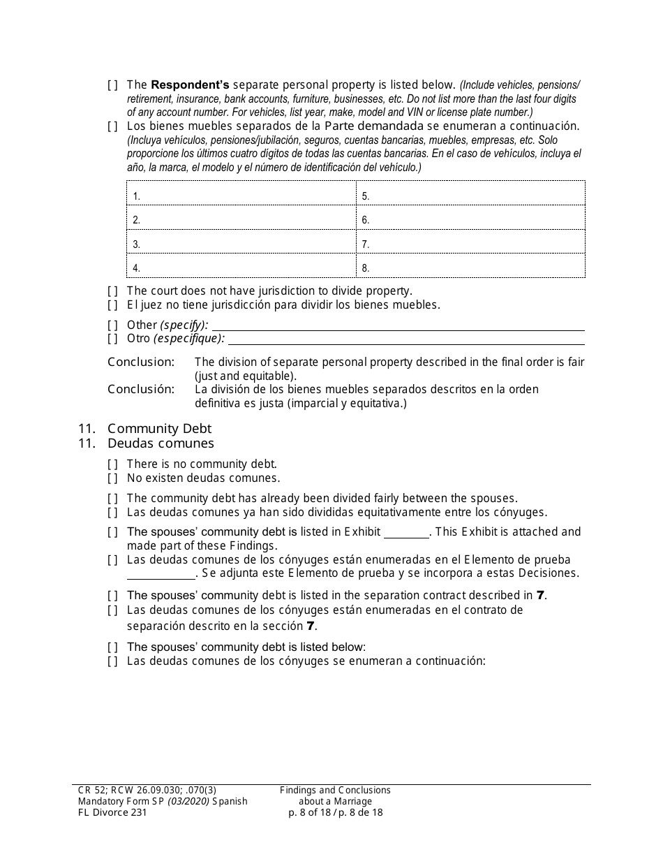 Form FL Divorce231 Findings and Conclusions About a Marriage - Washington (English / Spanish), Page 8