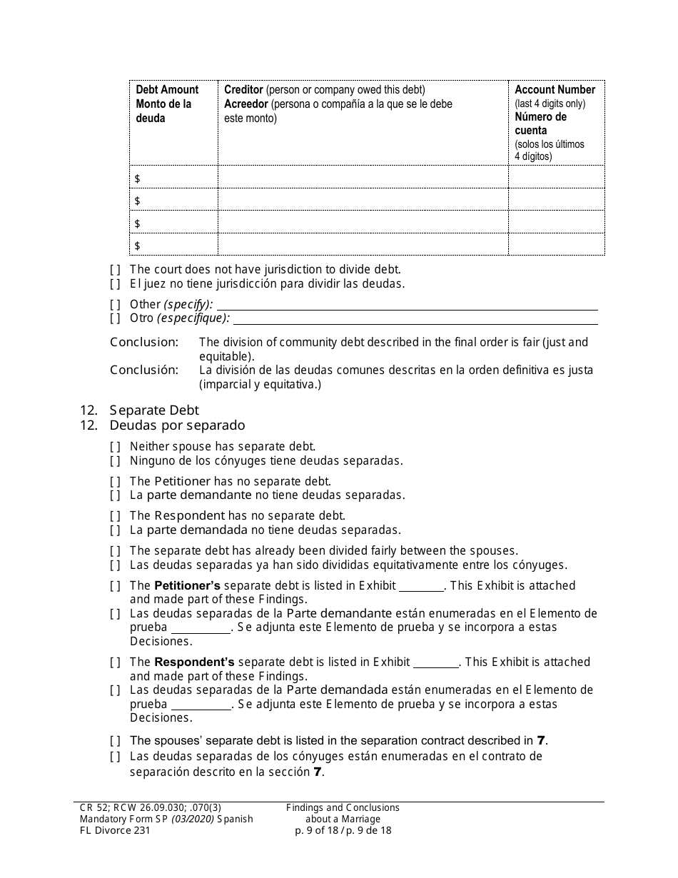 Form FL Divorce231 Findings and Conclusions About a Marriage - Washington (English / Spanish), Page 9