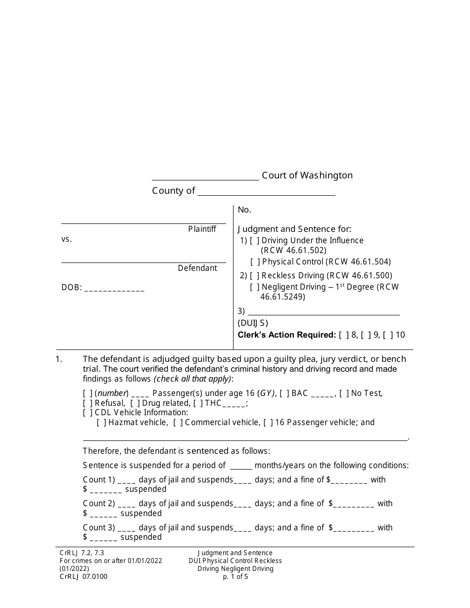 Form CrRLJ07.0100 Judgment and Sentence for Driving Under the Influence / Physical Control / Reckless Driving / Negligent Driving - Washington, Page 1