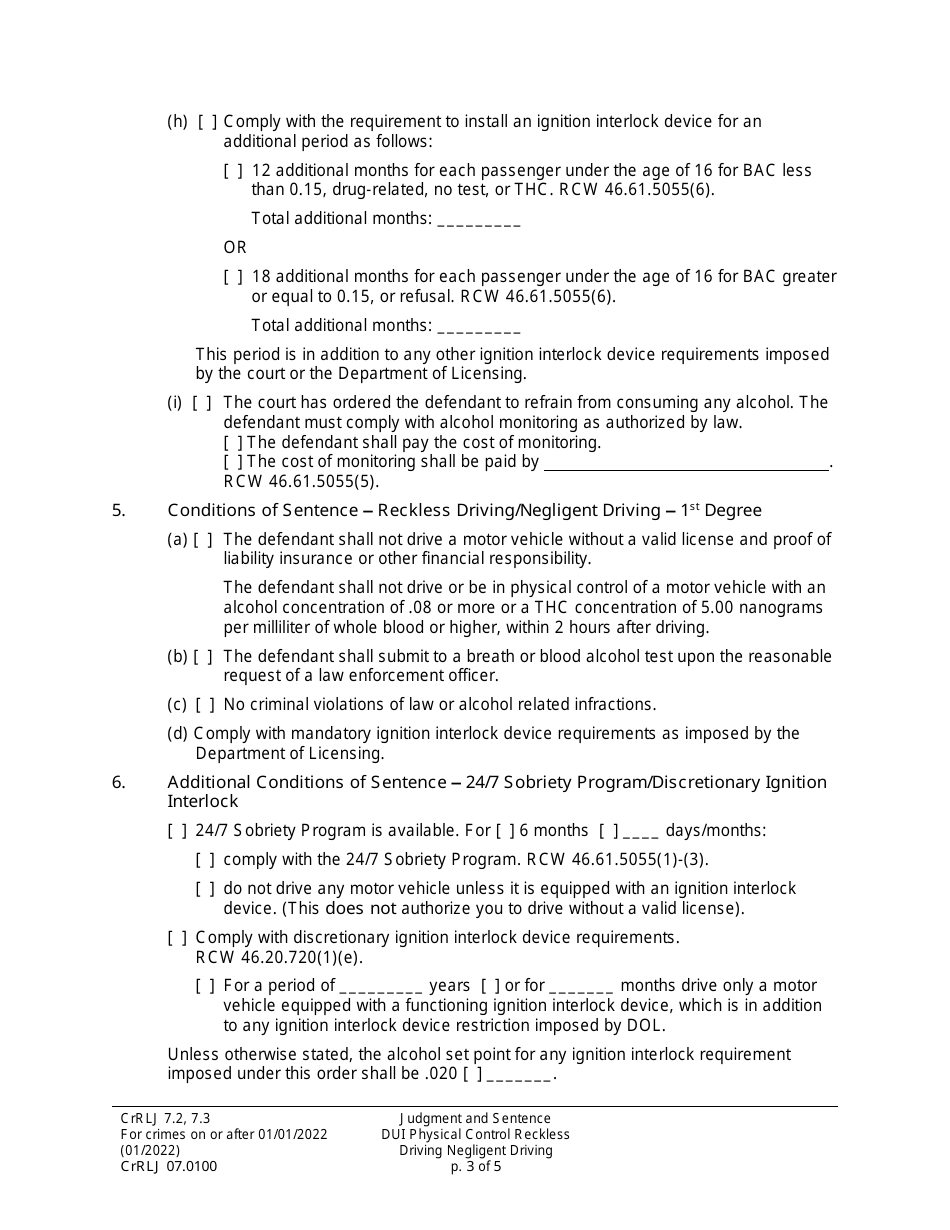 Form CrRLJ07.0100 Judgment and Sentence for Driving Under the Influence / Physical Control / Reckless Driving / Negligent Driving - Washington, Page 3