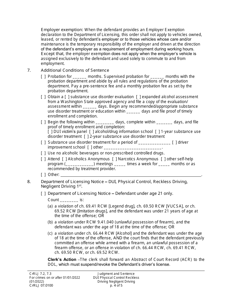 Form CrRLJ07.0100 Judgment and Sentence for Driving Under the Influence / Physical Control / Reckless Driving / Negligent Driving - Washington, Page 4