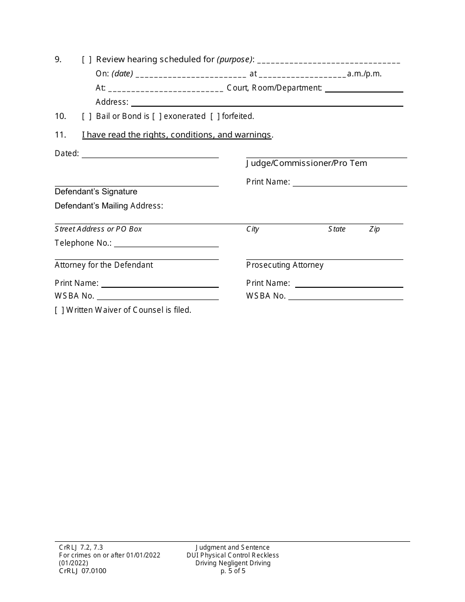 Form CrRLJ07.0100 Judgment and Sentence for Driving Under the Influence / Physical Control / Reckless Driving / Negligent Driving - Washington, Page 5