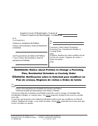 Document preview: Form FL Modify600 Summons: Notice About Petition to Change a Parenting Plan, Residential Schedule or Custody Order - Washington (English/Spanish)