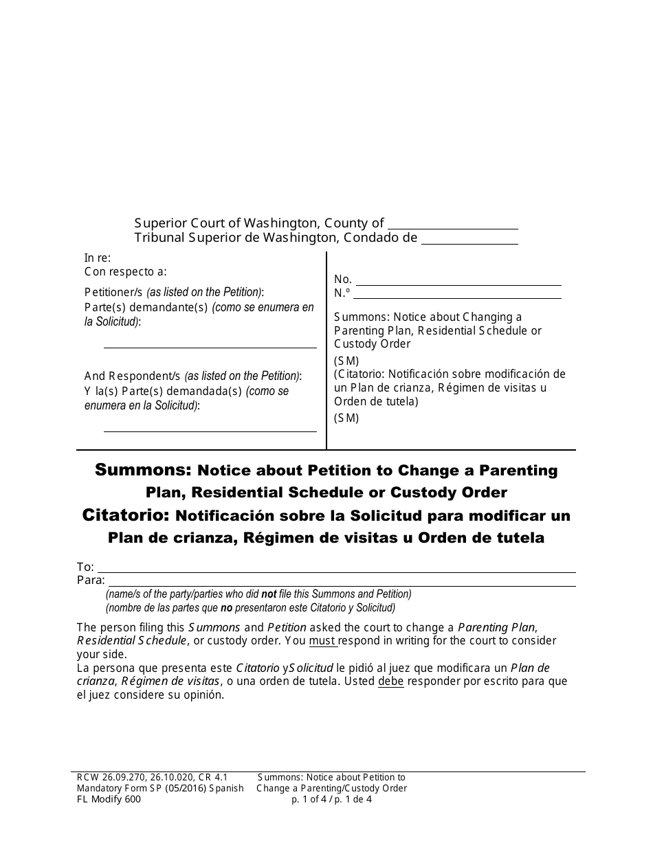 Form FL Modify600 Summons: Notice About Petition to Change a Parenting Plan, Residential Schedule or Custody Order - Washington (English / Spanish), Page 1