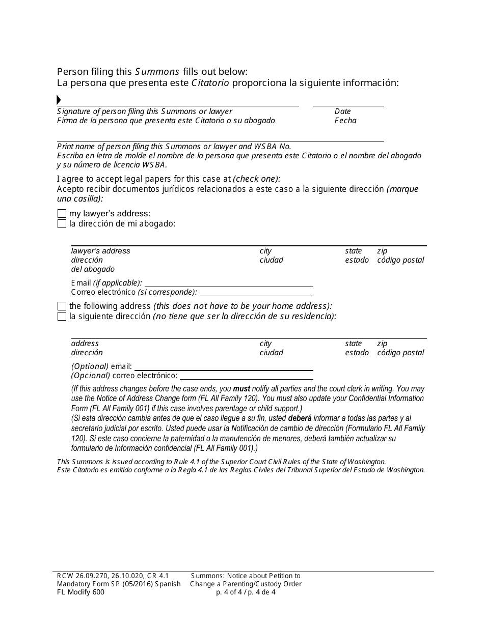 Form FL Modify600 Summons: Notice About Petition to Change a Parenting Plan, Residential Schedule or Custody Order - Washington (English / Spanish), Page 4
