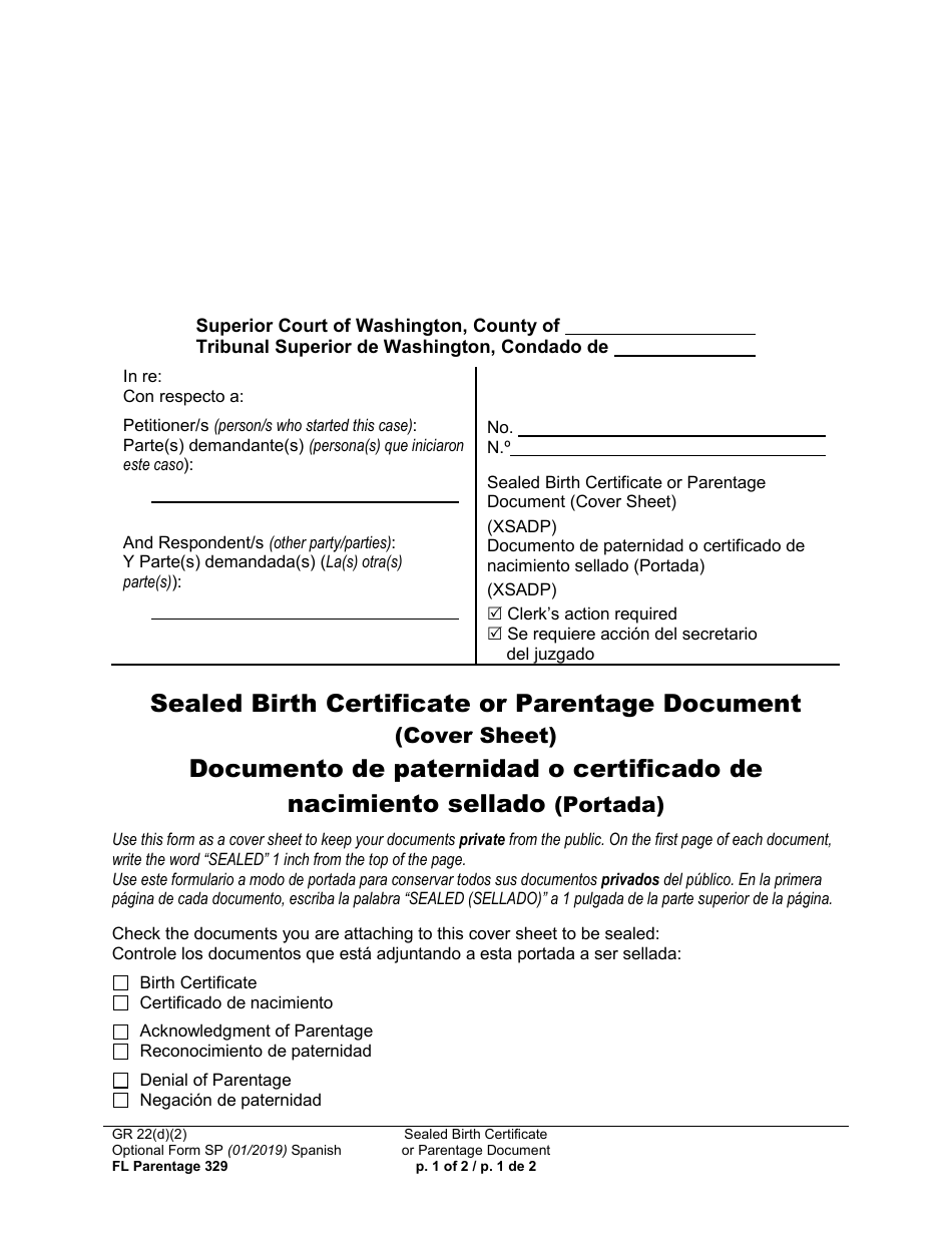 Form FL Parentage329 Sealed Birth Certificate or Parentage Document (Cover Sheet) - Washington (English / Spanish), Page 1