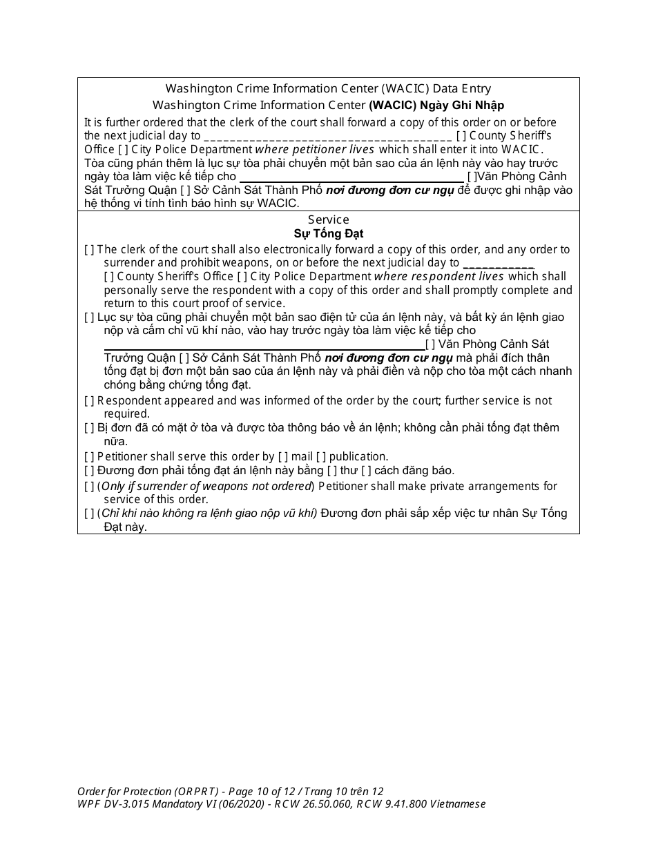 Form WPF DV-3.015 Order for Protection - Washington (English / Vietnamese), Page 10