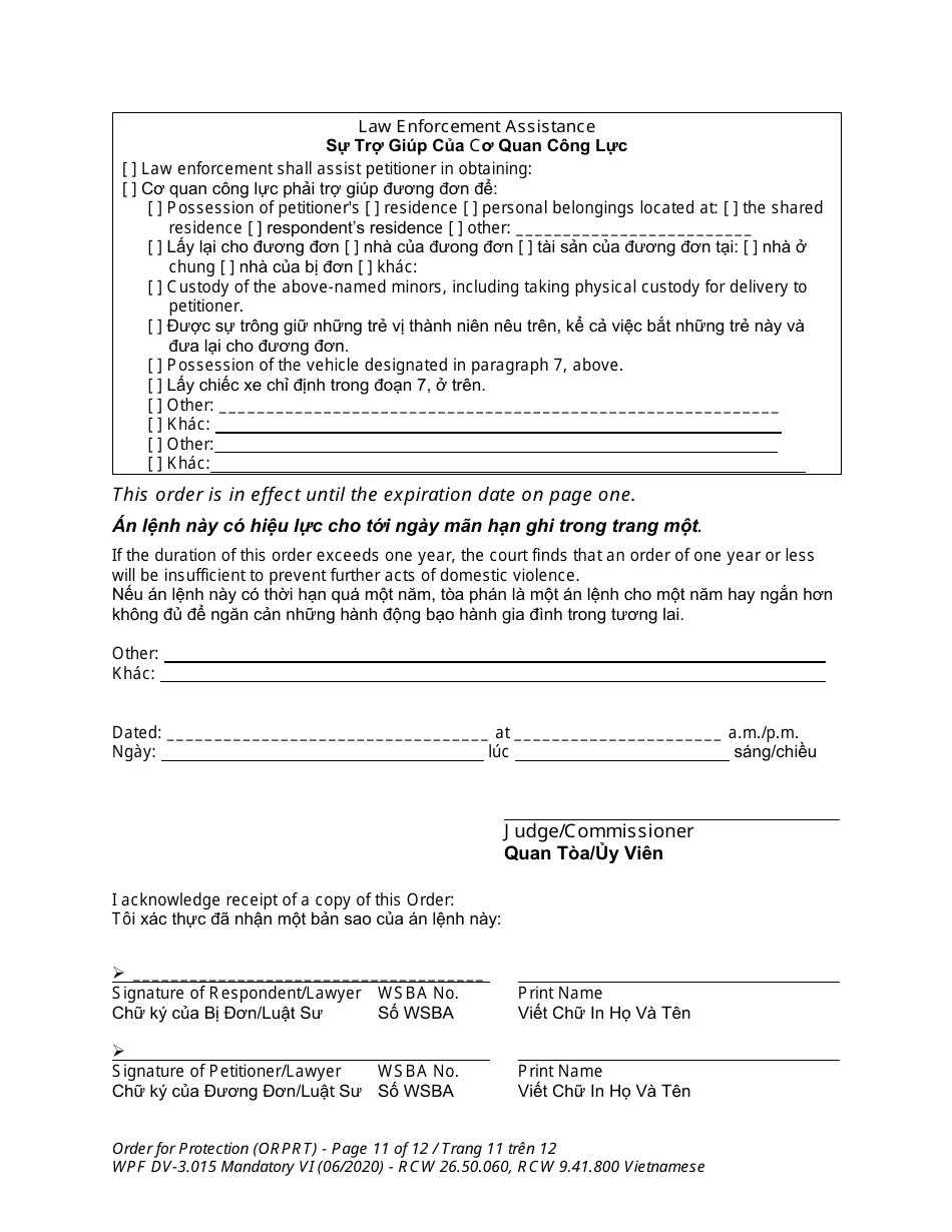 Form WPF DV-3.015 Order for Protection - Washington (English / Vietnamese), Page 11