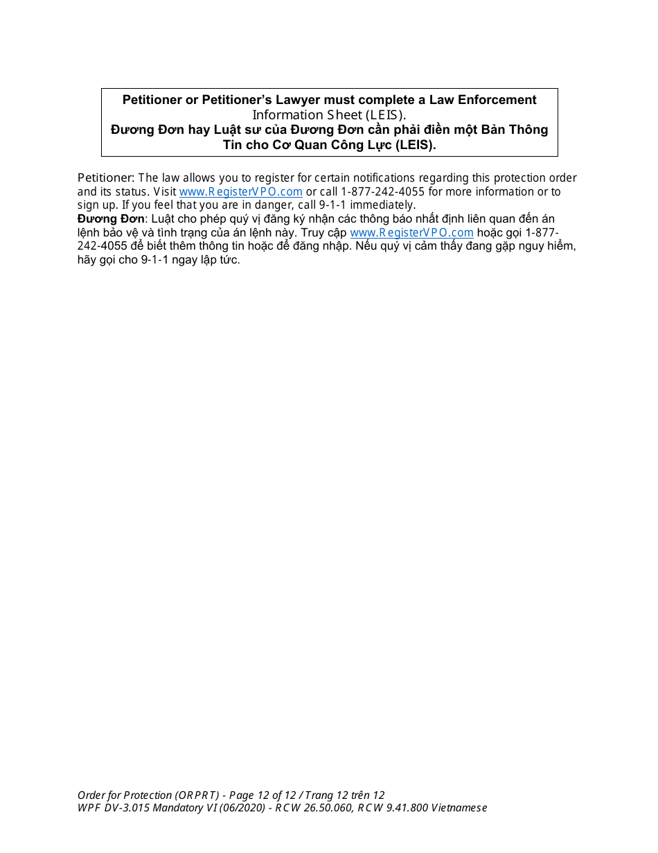 Form WPF DV-3.015 Order for Protection - Washington (English / Vietnamese), Page 12