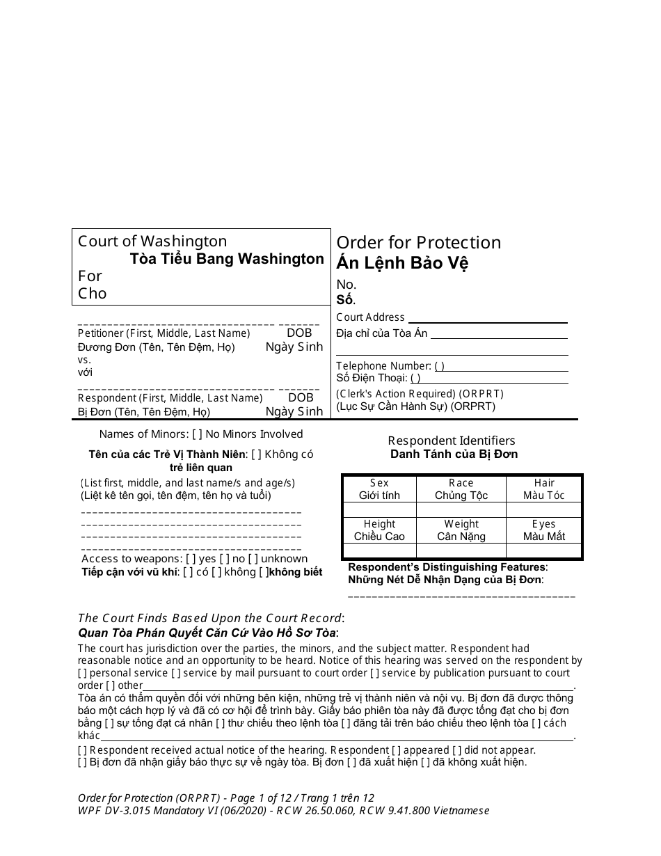 Form WPF DV-3.015 Order for Protection - Washington (English / Vietnamese), Page 1