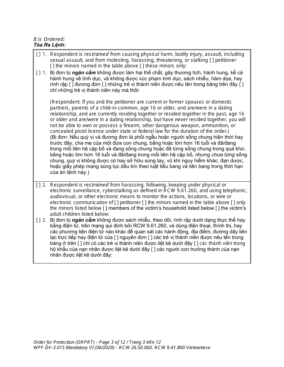 Form WPF DV-3.015 Order for Protection - Washington (English / Vietnamese), Page 3