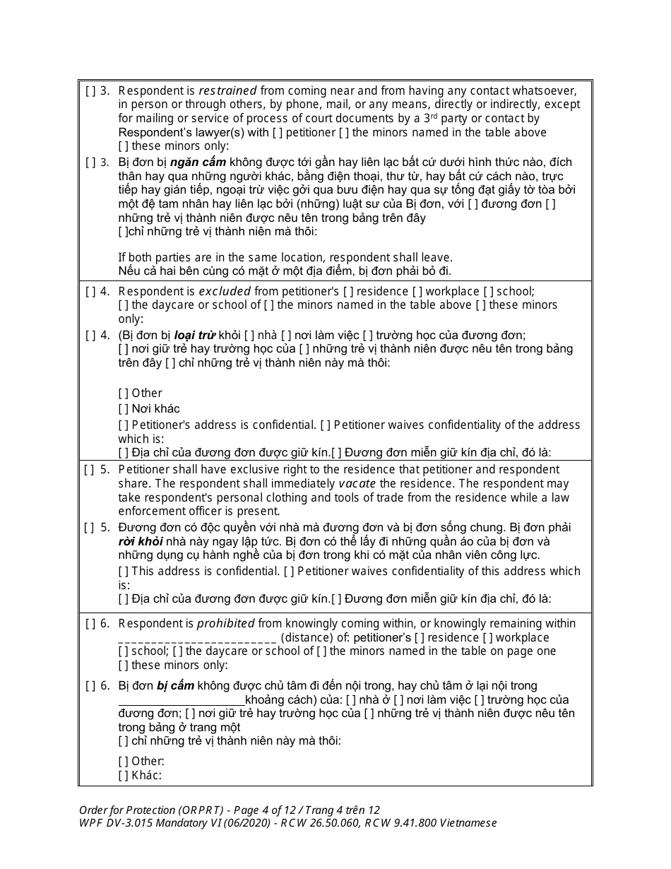 Form WPF DV-3.015 Order for Protection - Washington (English / Vietnamese), Page 4