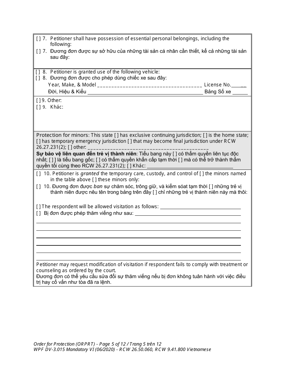 Form WPF DV-3.015 Order for Protection - Washington (English / Vietnamese), Page 5