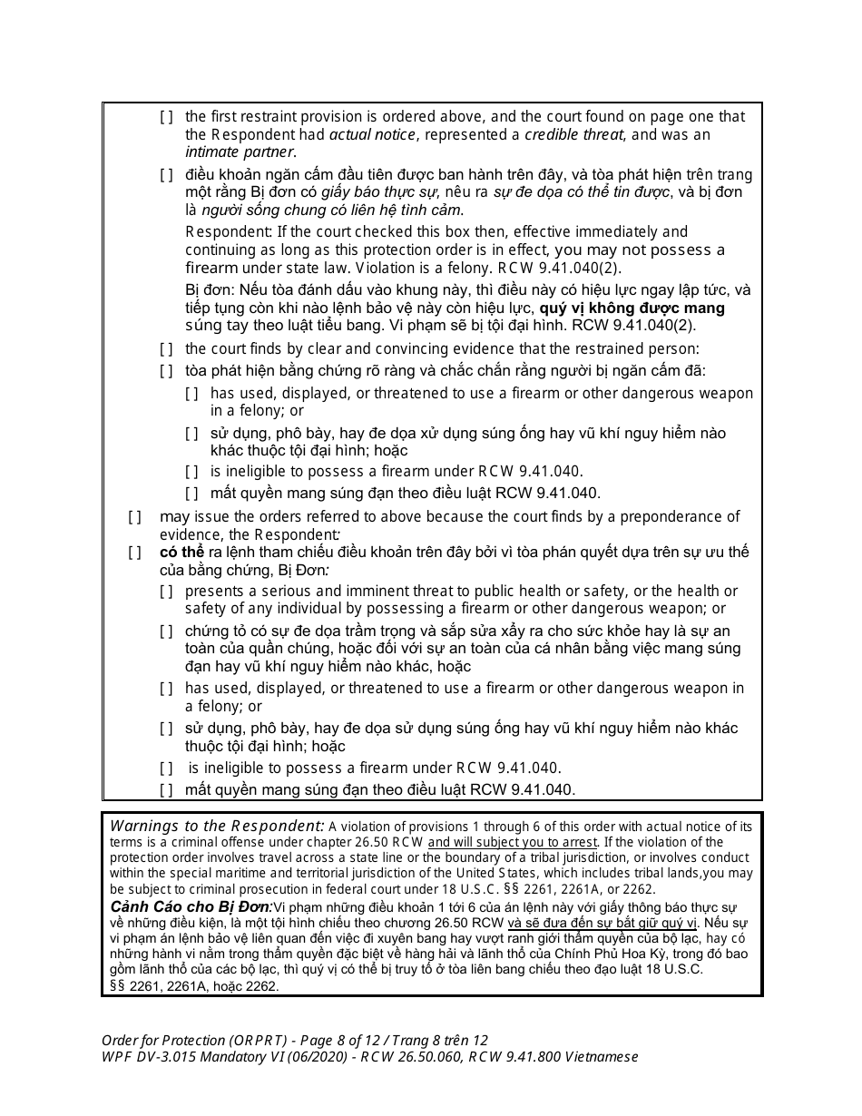 Form WPF DV-3.015 Order for Protection - Washington (English / Vietnamese), Page 8