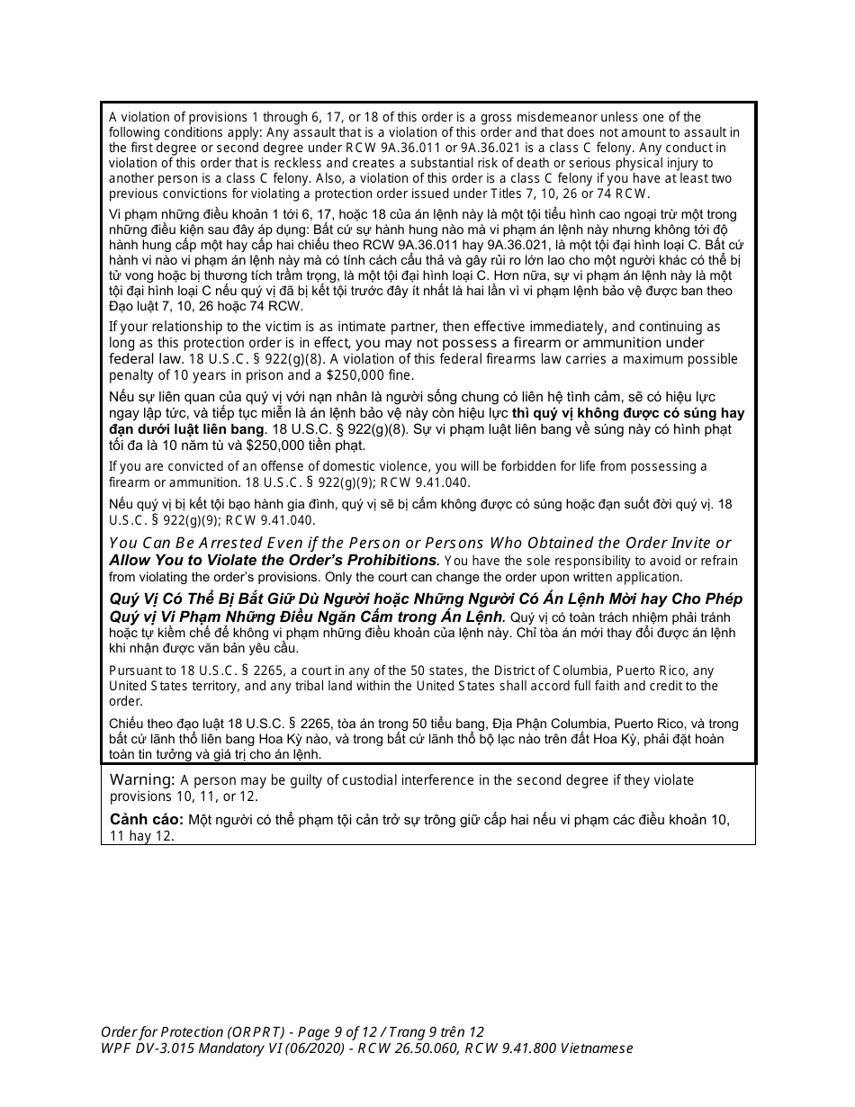 Form WPF DV-3.015 Order for Protection - Washington (English / Vietnamese), Page 9