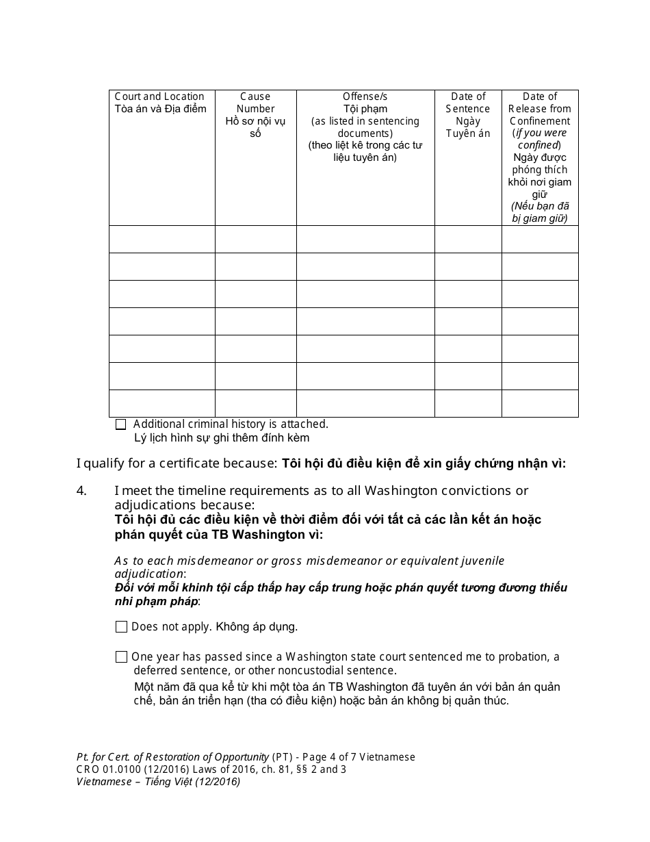 Form CRO01.0100 Petition for Certificate of Restoration of Opportunity - Washington (English / Vietnamese), Page 4