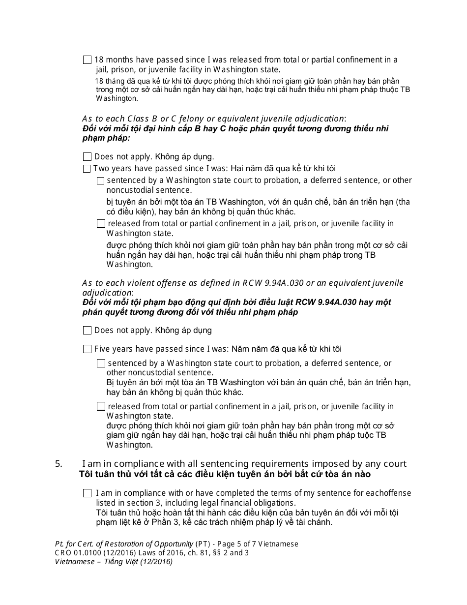 Form CRO01.0100 Petition for Certificate of Restoration of Opportunity - Washington (English / Vietnamese), Page 5