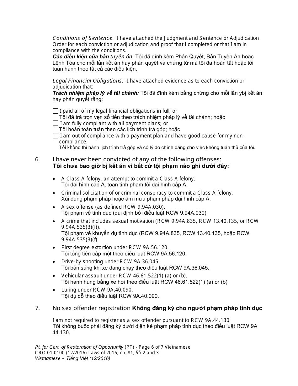 Form CRO01.0100 Petition for Certificate of Restoration of Opportunity - Washington (English / Vietnamese), Page 6