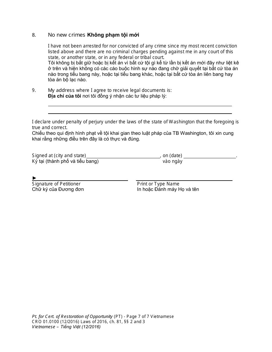Form CRO01.0100 Petition for Certificate of Restoration of Opportunity - Washington (English / Vietnamese), Page 7