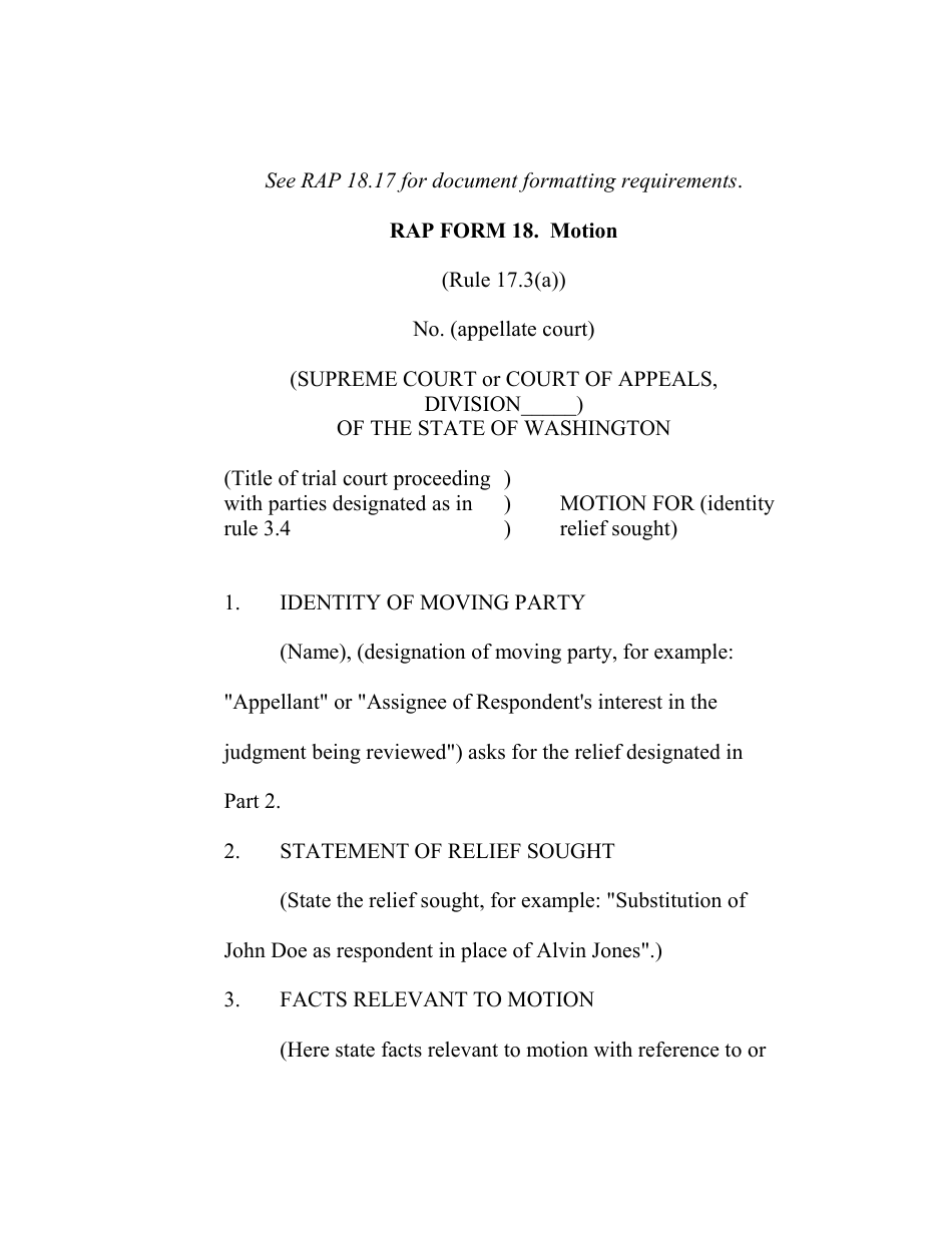 RAP Form 18 Motion - Washington, Page 1