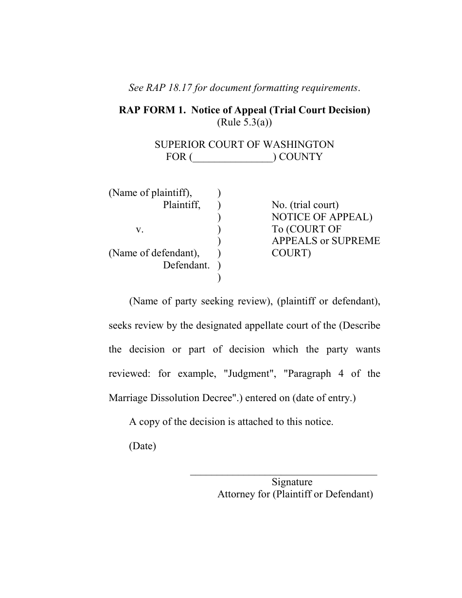 RAP Form 1 Notice of Appeal (Trial Court Decision) - Washington, Page 1