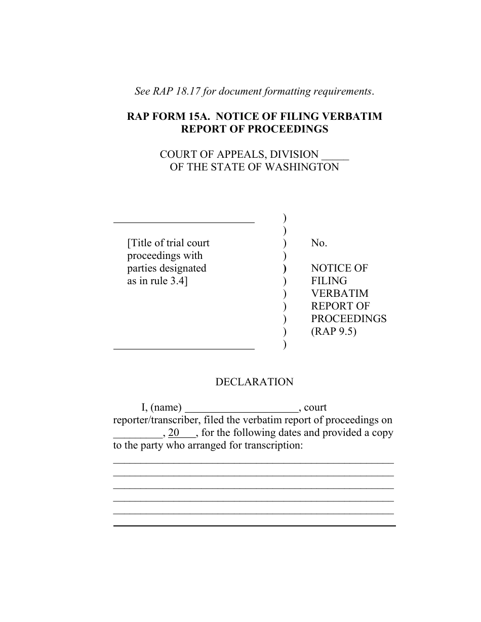 RAP Form 15A Notice of Filing Verbatim Report of Proceedings - Washington, Page 1