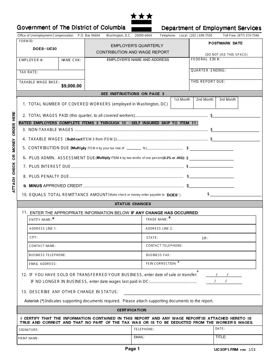 Form UC30 Employer's Quarterly Contribution and Wage Report - Washington, D.C., Page 1