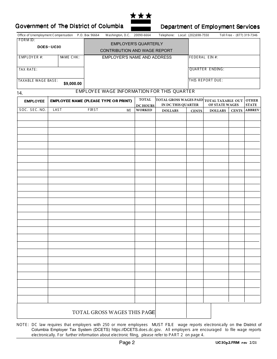 Form UC30 Employers Quarterly Contribution and Wage Report - Washington, D.C., Page 2