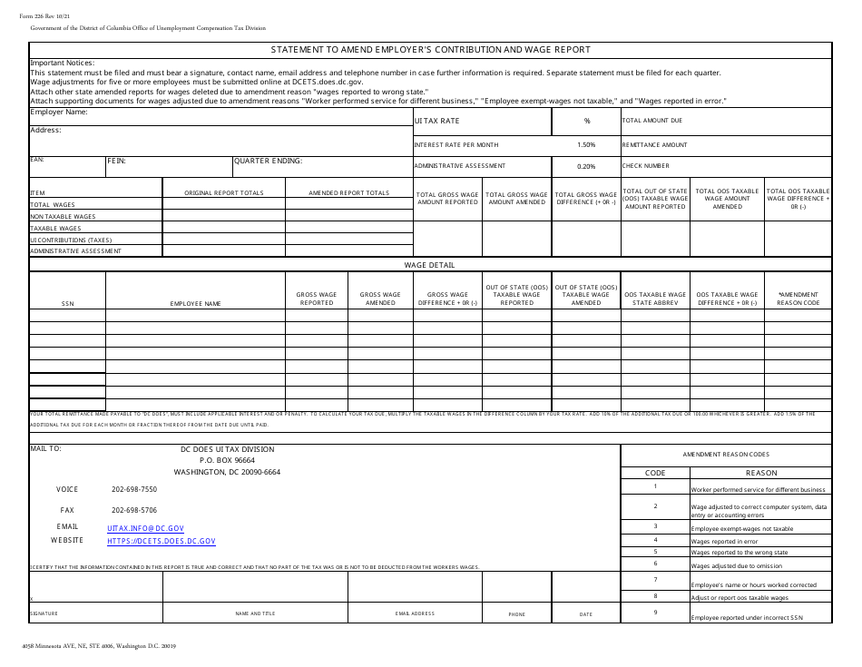 Form 226 Statement to Amend Employers Contribution and Wage Report - Washington, D.C., Page 1