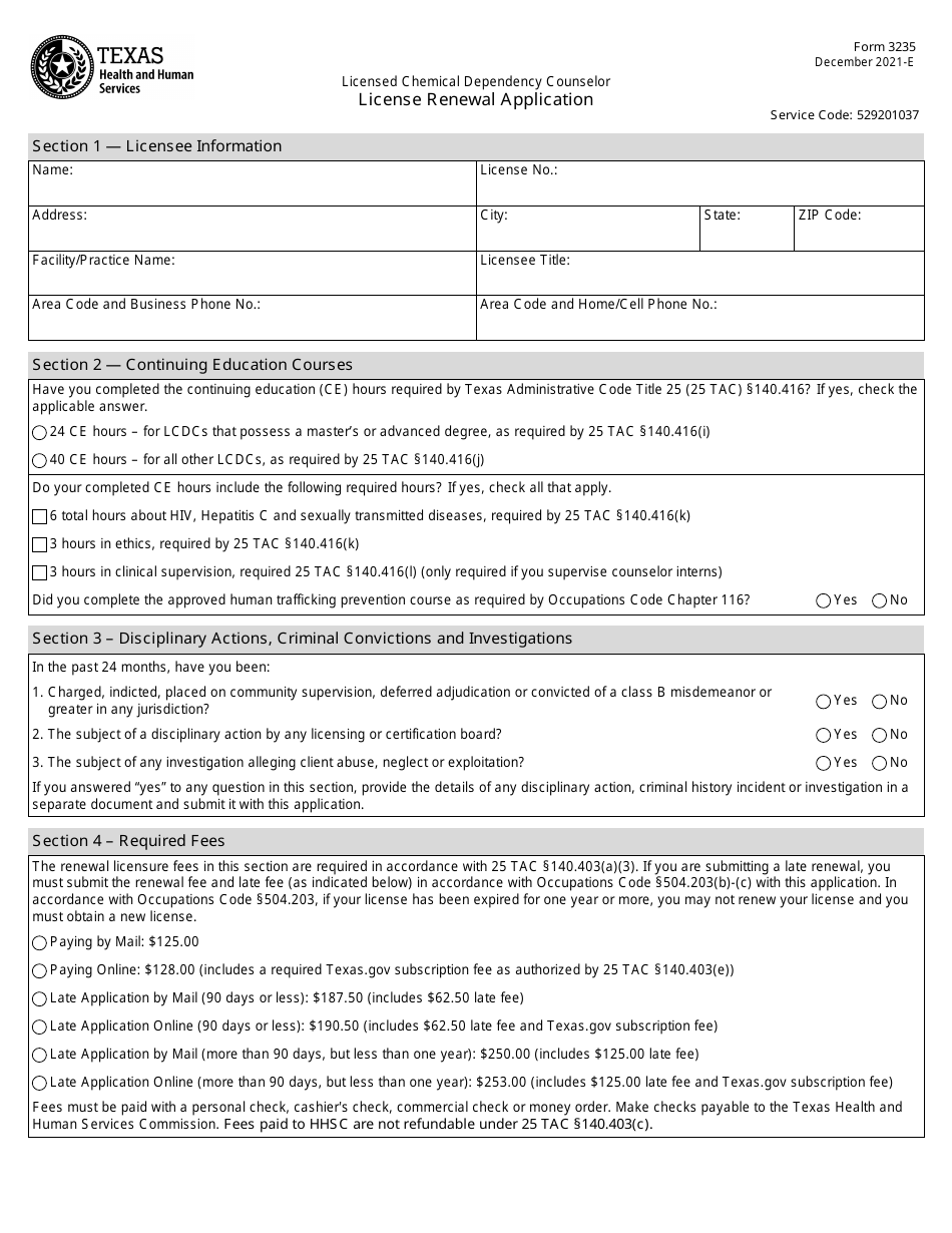 Form 3235 License Renewal Application - Licensed Chemical Dependency Counselor - Texas, Page 1