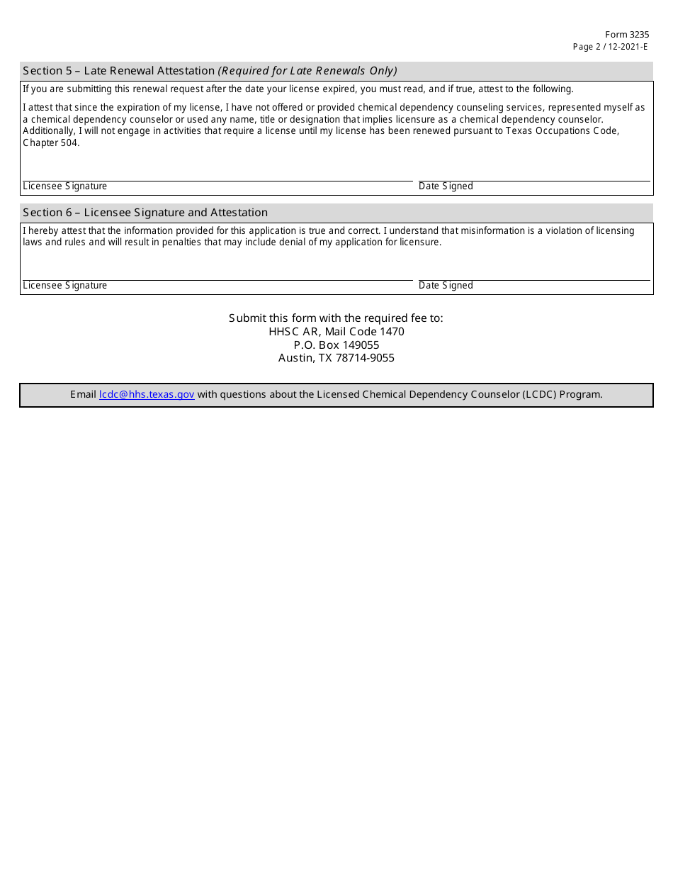 Form 3235 License Renewal Application - Licensed Chemical Dependency Counselor - Texas, Page 2